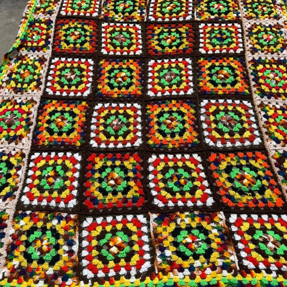 Vintage Handmade Crochet Granny Square Blanket Vibrant Boho Folk Artsy Colorful